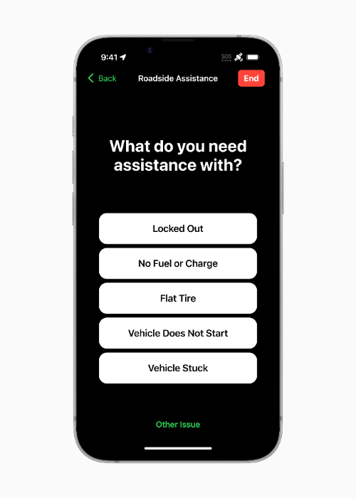 Roadside Assistance via satellite can connect users to a roadside assistance provider if they have car trouble while outside of cellular and Wi-Fi coverage.